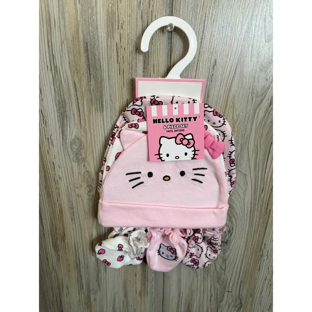 Hello Kitty Infant 6 Piece Set Hats and Mittens Pink White Sanrio 0-9M